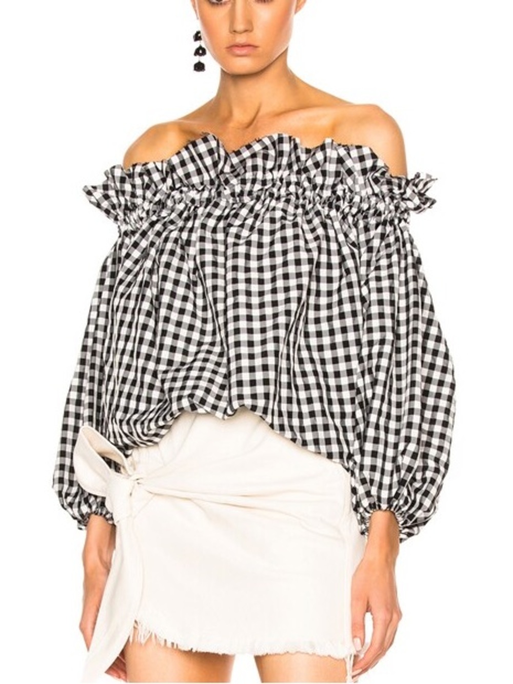 MARQUES ' ALMEIDA Off Shoulder Gathered Top Black Gingham Sz. S